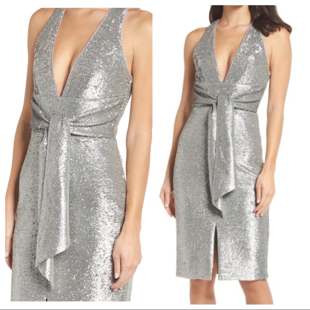 HARLYN Plunge Halter Neck Sequin Midi Silver Dress